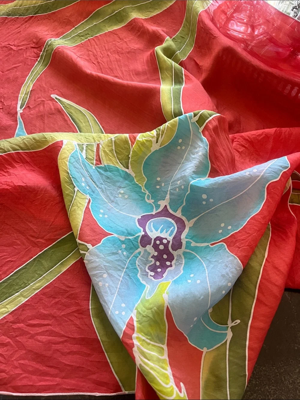 Vintage Faruzzi reddish orange silk blend scarf with flowers 33